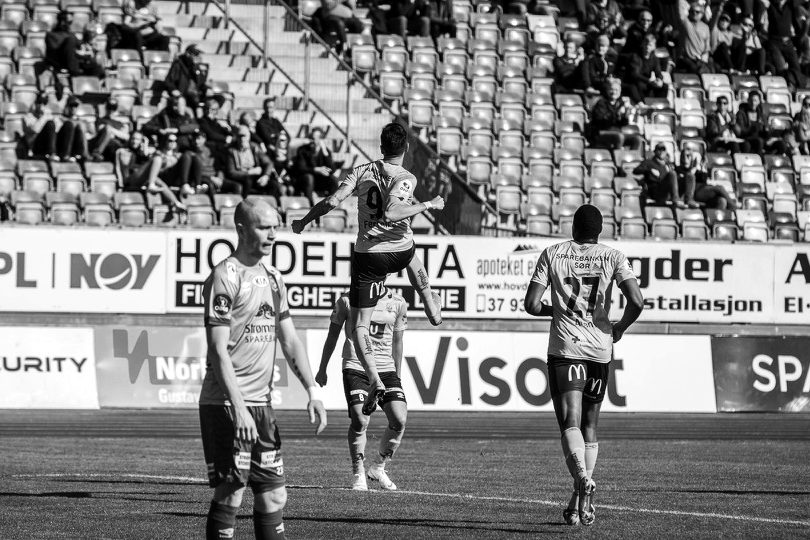 Luke jumping in celebration, FK Jerv, 2019