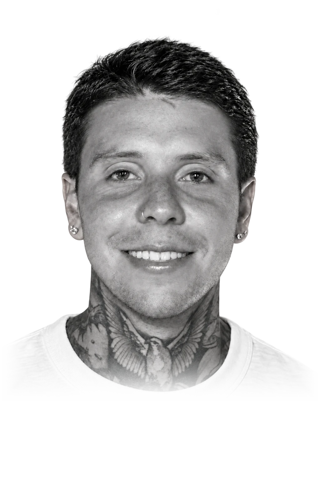 Black-and-white portrait of Luke, smiling